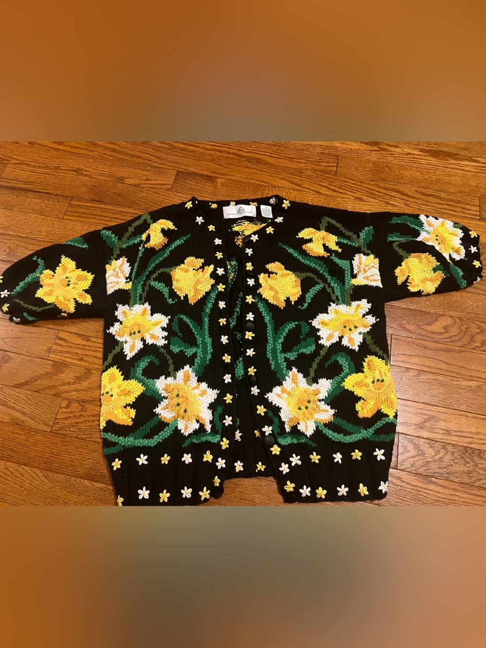 Kids Black Floral Cardigan Sweater with Yellow Daffodil Embroidery